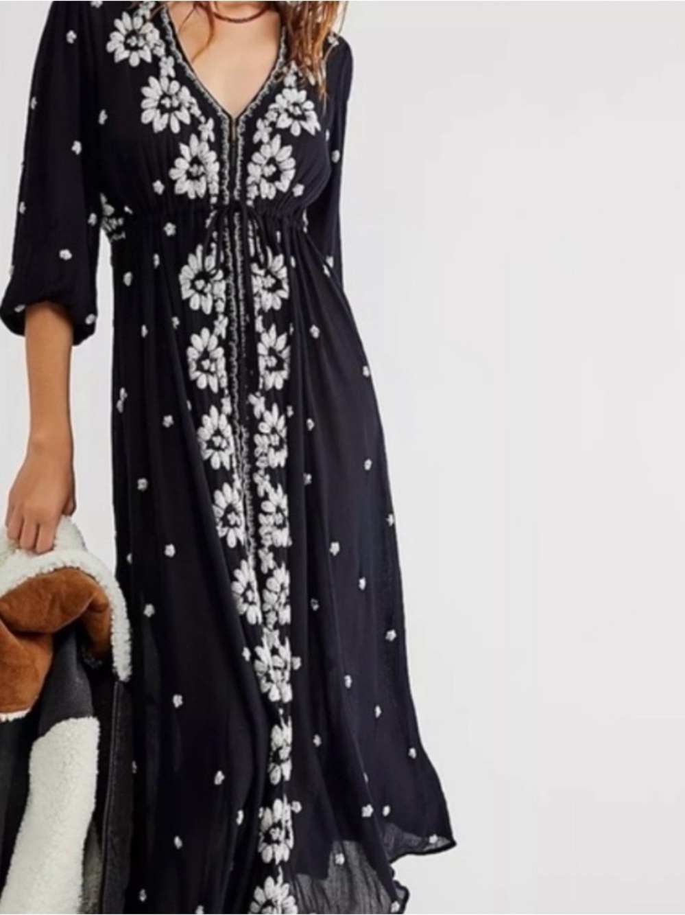 Free People Black Maxi Dress with Ivory Floral Embroidery and tie waist